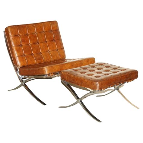 Modern Brown Leather Barcelona Style Lounge Chair With Chrome Base At