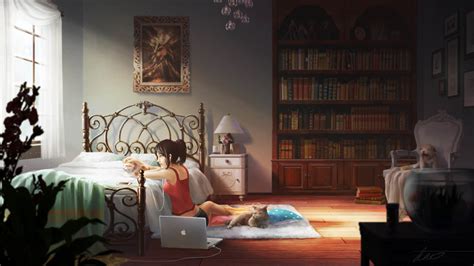 Desktop Wallpaper Cute Anime Girl Relaxed Bedroom