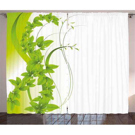 Green Curtains 2 Panels Set Blossoming Flowers Natural Fantasy Theme