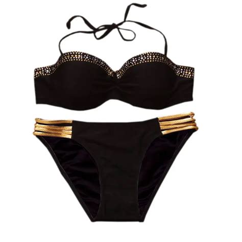2016 Push Up Bikini Women Bling Gold String Swimsuit Sexy Bathing Suit Swimwear Deep V Shaped