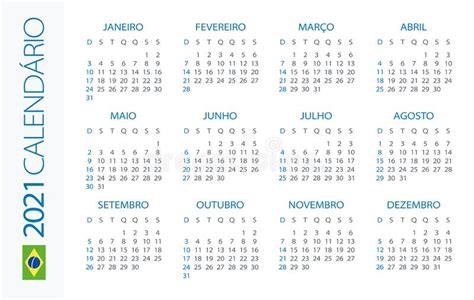 2021 Year Calendar Vector Illustration Week Starts On Sunday Stock
