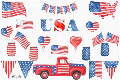 American Flag 4th Of July Hand Painted Watercolor Clipart 827959