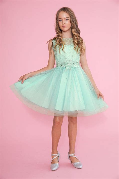 Tween Girls Short Champagne Dress With Beaded Lace Bodice Dresses For