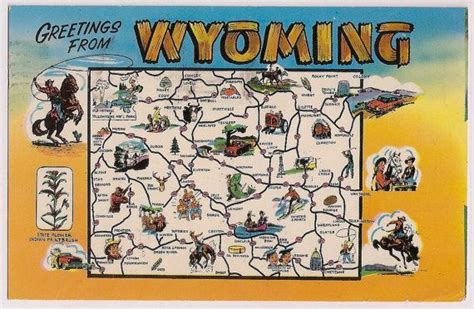 Wyoming Map Vintage 1960s Travel Souvenir Postcard Greetings From