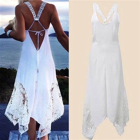 Maxi Beach Dresses Boho Style Summer Backless Halter White Black V Neck