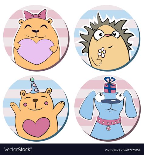 Round Stickers With Funny Cute Cartoon Animals Vector Image