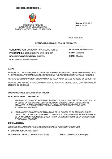 Certificado Medico Legal Cachi Ochoa Erik Gustavo 5to A Rml Adultos
