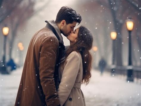 Premium Ai Image Couple In Romantic Moment Kissing During Snowfall
