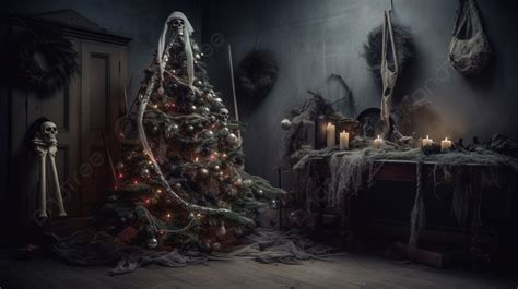 Christmas Tree In A Dark Room With Decorations On It Background Spooky