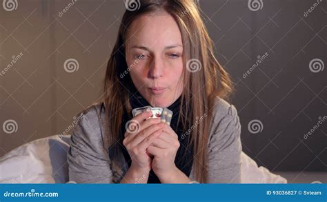 Ill Woman Trying Different Drugs Against Cold Close Up 4k Stock Video Video Of Chill Drink