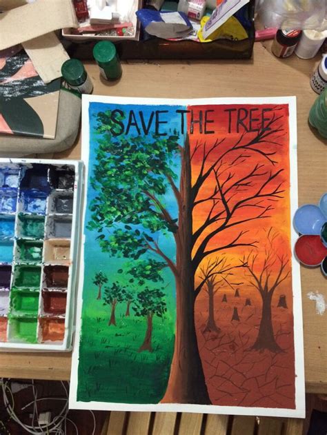 Free Hand Drawing For Kids Save The Tree Poster Colour Dale