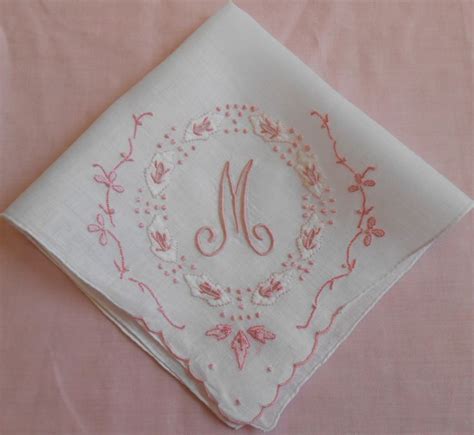M Monogram Vintage White Linen Hanky Pink Embroidery Cutwork Etsy M