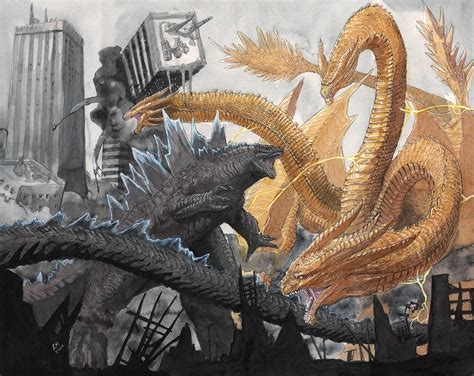 Godzilla Vs King Ghidorah Watercolor Painting Rgodzilla