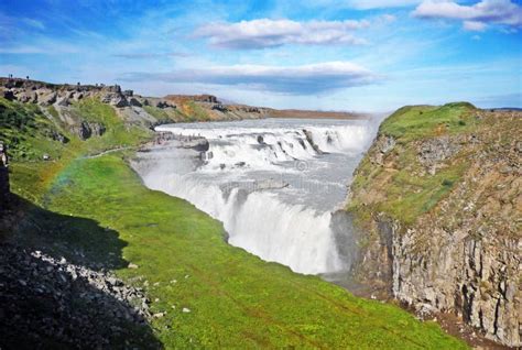 Gullfoss Waterfall In Sunlight With Rainbow Iceland Stock Photo