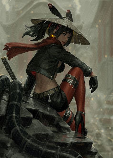 Samurai Girl In The Rain Original Anime Character [digital Art By Guweiz] Art Anime Anime Art