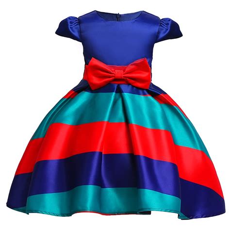 New Girls Striped Dress Princess Ball Gown Party Dresses Rainbow Color