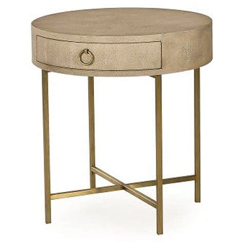Round Linen Colored Faux Shagreen End Table With A Satin Gold Metal