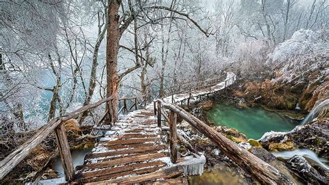 2k Free Download Winter On A Home Made Bridge Waterfall Nature