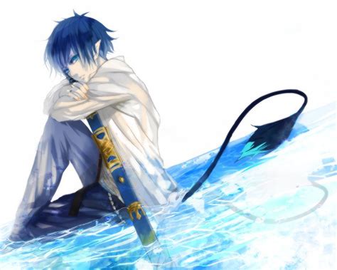 Фото Рин Окумура rin okumura из аниме Синий экзорцист blue exorcist сидит на воде с катаной