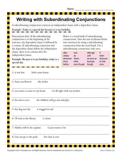 subordinating conjunctions worksheet   conjunctions worksheet