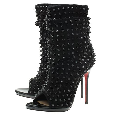 Christian Louboutin Black Spiked Suede Guerilla Open Toe Slouchy Ankle Boots Size 37 5 Christian