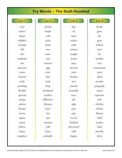 Fry Word List Sixth 100 Printable Sight Word Lists
