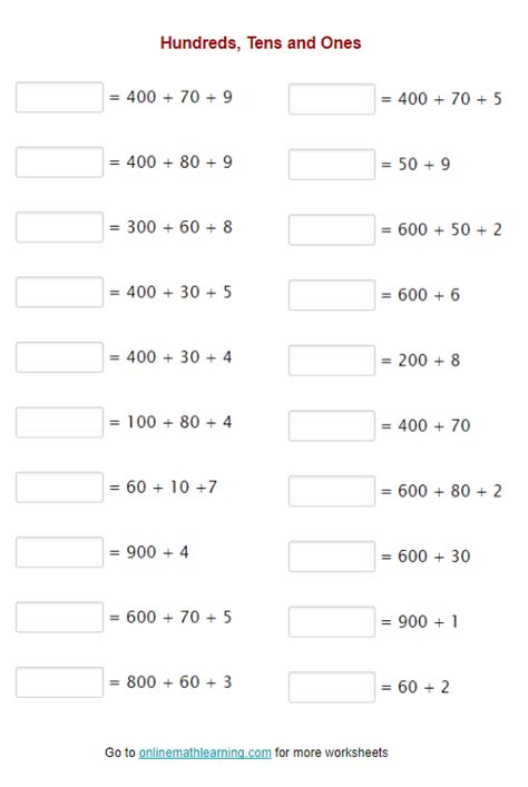 Hundreds Tens And Ones Worksheets Second Grade Printable