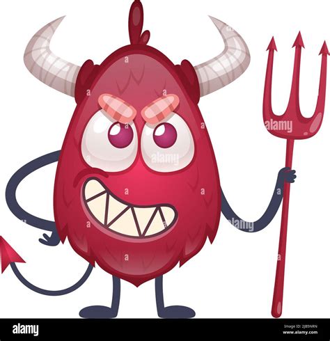 Cartoon Red Devil Character With Horns And Tail Holding Trident Vector