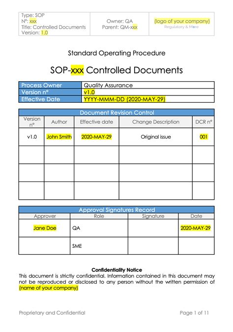 Sop Word Template Controlled Documents V10 Regulatory And More