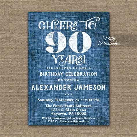90th Birthday Invitations Blue Linen Rustic Cheers Nifty Printables