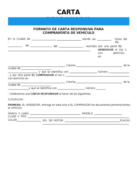 Formato De Carta Responsiva Para Compraventa De Vehículo Pdf Las