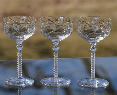 Vintage Etched Crystal Liquor ~ Wine Cordial Glasses Set Of 5 Circa