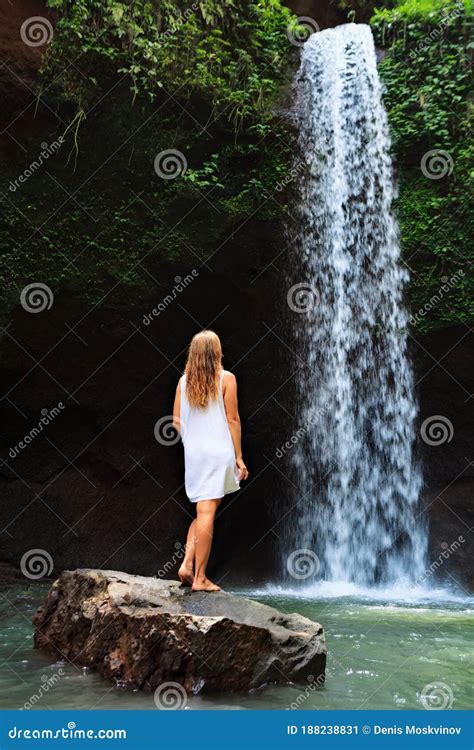 Woman Stand Under Waterfall Stock Image Image Of Enjoy Indonesia