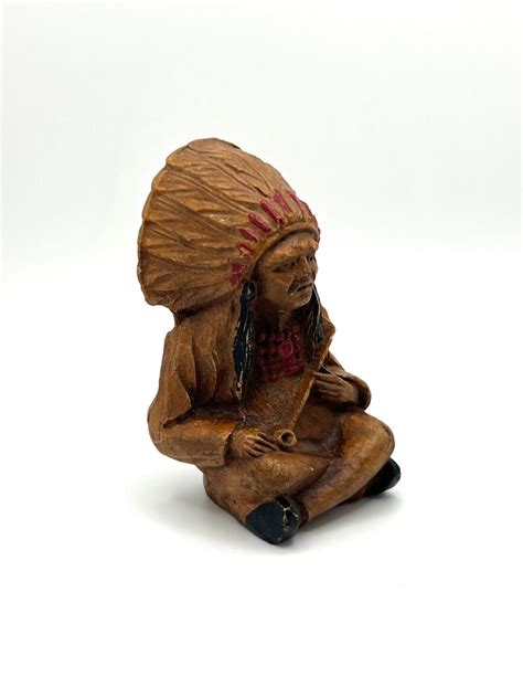 Vintage Hand Carved Wooden Indian Chief With Peace Pipe Etsy