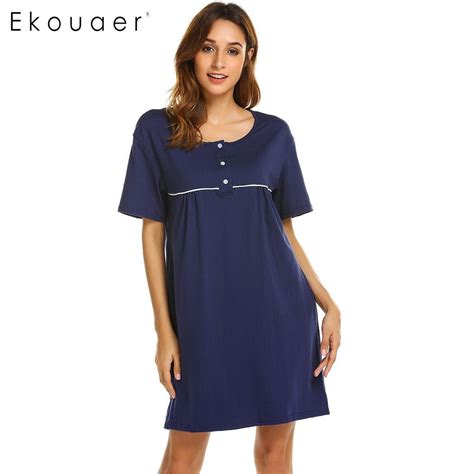 Ekouaer Casual Nightdress Nightwear Women Short Sleeve O Neck Solid Button Front Sleepwear