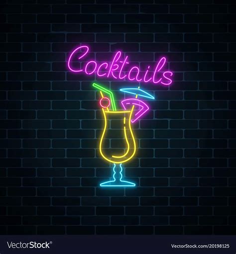 Glow Neon Sign Of Cocktails Bar On Dark Brick Wall Background Glowing Gas Advertising With Pina