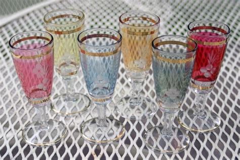 Vintage Multi Color Etched Glass Cordial Liquor Glasses