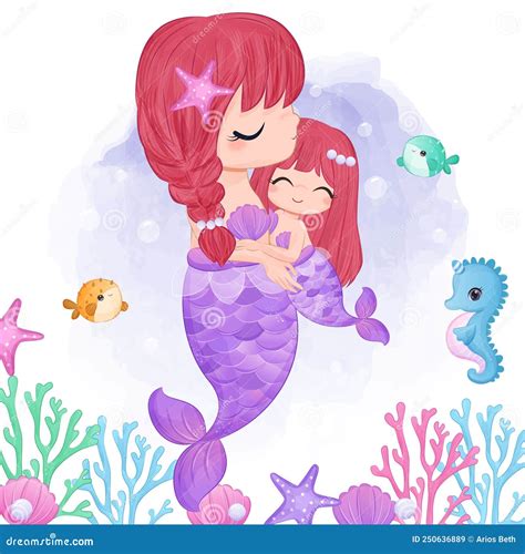 Cute Mermaid Mom And Baby In Watercolor Illustration Stock Vector