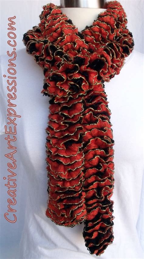 Creative Art Expressions Hand Knit Orange And Black Ruffle Scarf