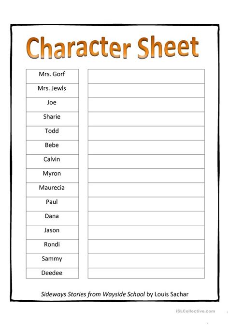 Sideways Stories Character Sheet Worksheet Free Esl Printable