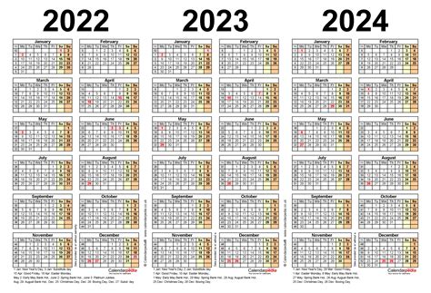 Three Year Calendars For 2022 2023 And 2024 Uk For Excel