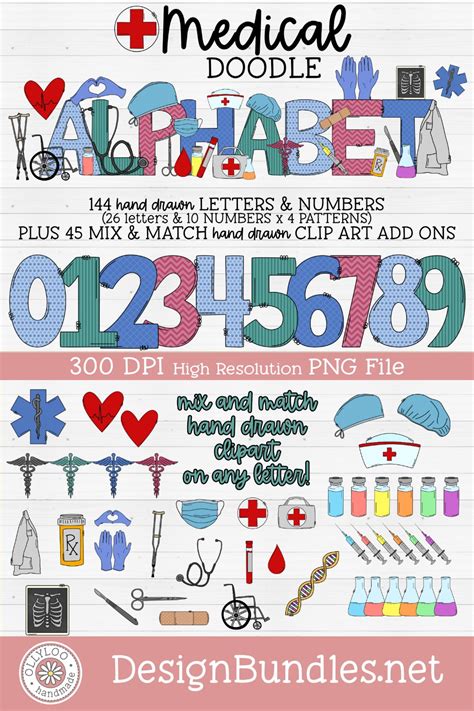 Medical Alphabet And Numbers Bundle With Hand Drawn Clipart