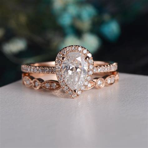 Pear Shaped Moissanite Engagement Ring 9x6mm Rose Gold Bridal Set Art