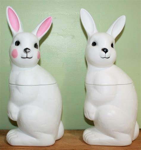 2 Vintage Easter Bunny Rabbit Blow Mold Two Piece Candy Container