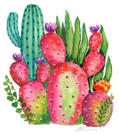 A Watercolor Painting Of Cactuses And Succulents