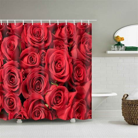 Rose Flower Printed Waterproof Shower Curtain RED W71 INCH L79 INCH