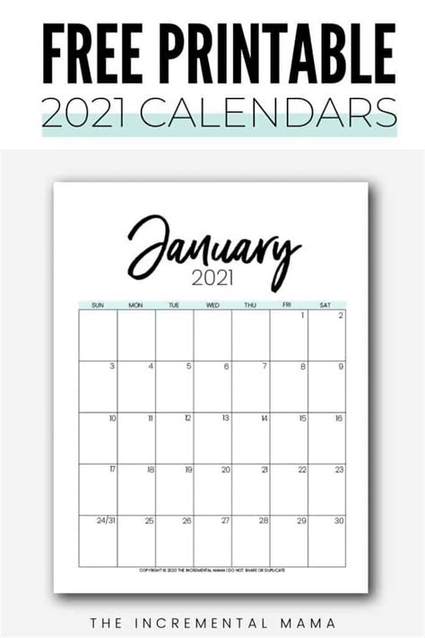 Free 2021 Monthly Calendar Printable Pdfs The Incremental Mama