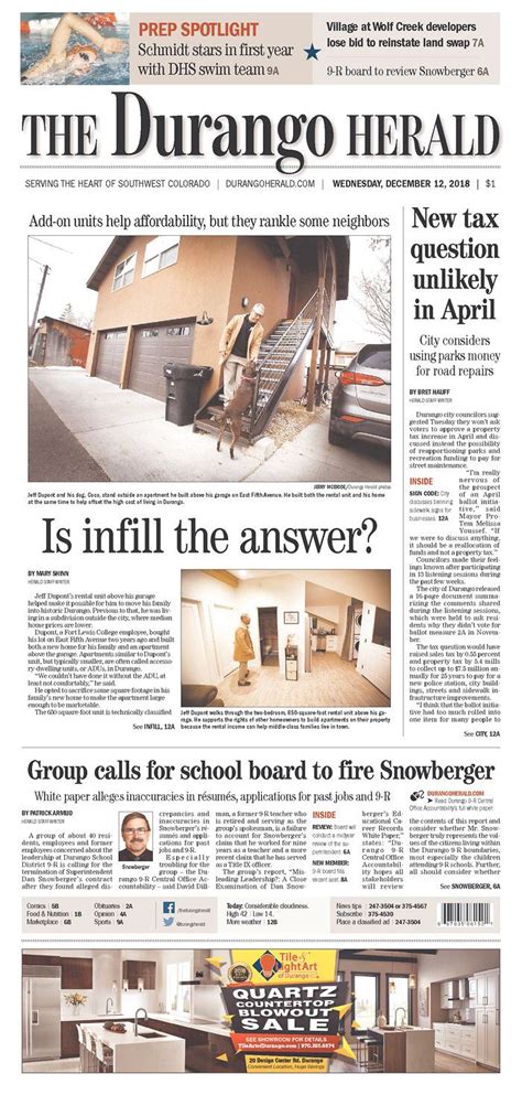 Todays Front Page Of The Durango Herald