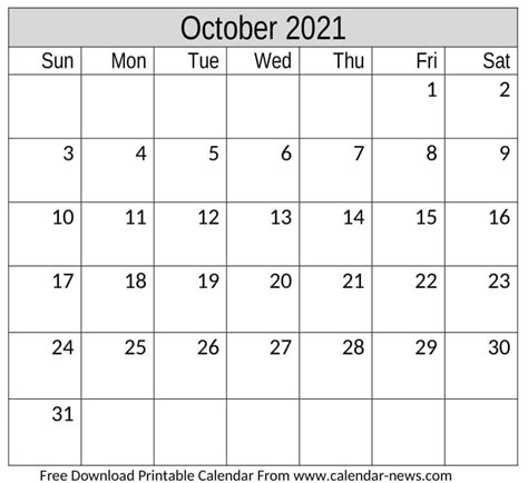 October 2021 Calendar Monthly Editable Template Downloadable