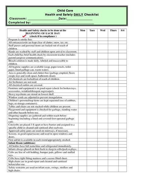 Child Care Health And Safety Daily Checklist Classroom Images Frompo